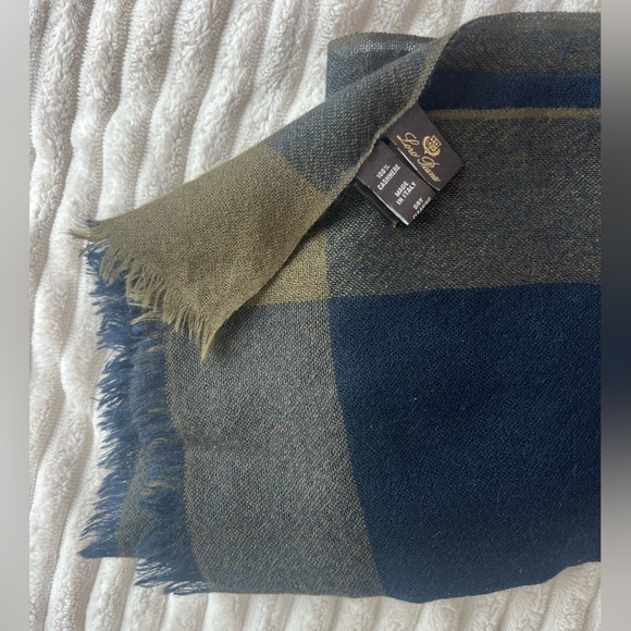 Loro Piana 100% Cashmere Blue and Olive Scarf - Made in Italy - Picture 2 of 8
